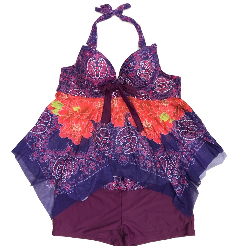 NWT 2 pc asymmetric halter tankini shorts set L